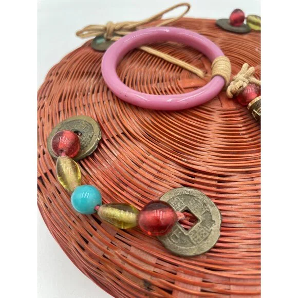 Vintage Red Wicker Sewing Basket Pink Handle & Beaded Accents Boho-Chic Home Dec